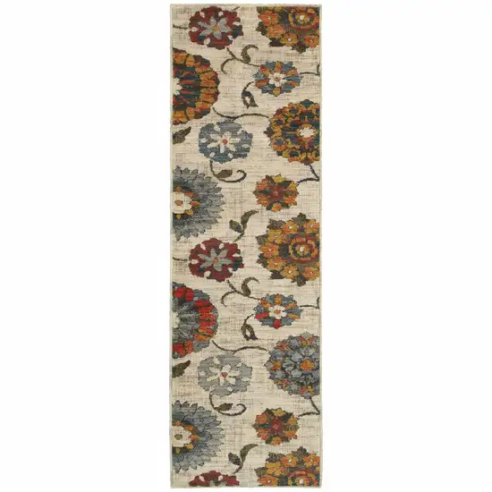 Orange And Ivory Floral Power Loom Runner Rug Photo 1