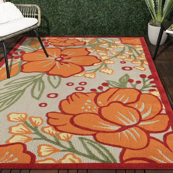 Orange And Ivory Floral Stain Resistant Indoor Outdoor Area Rug Photo 8