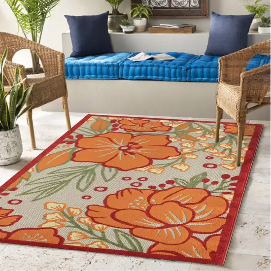 Orange And Ivory Floral Stain Resistant Indoor Outdoor Area Rug Photo 9