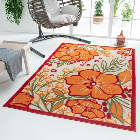 Orange And Ivory Floral Stain Resistant Indoor Outdoor Area Rug Photo 7