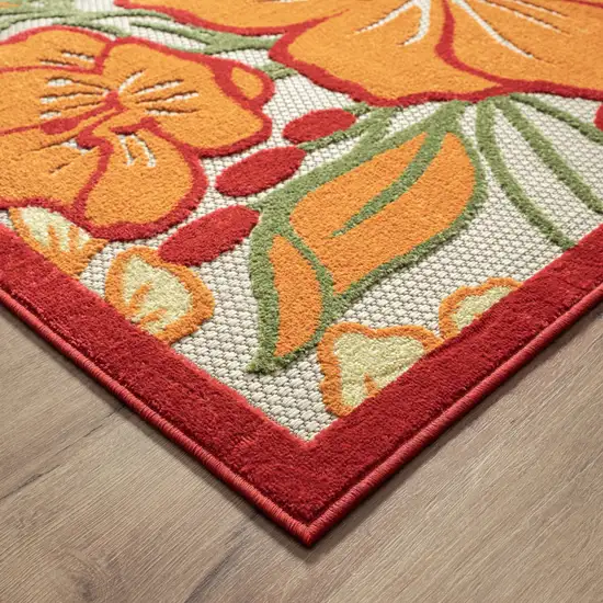 Orange And Ivory Floral Stain Resistant Indoor Outdoor Area Rug Photo 6