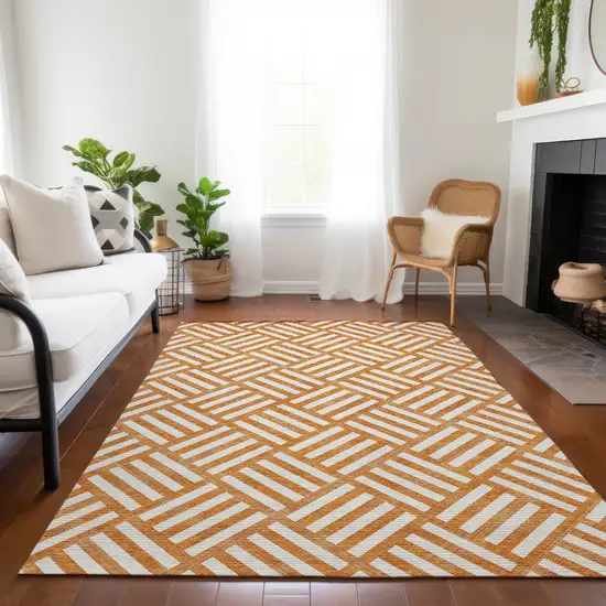 Orange And Ivory Geometric Washable Indoor Outdoor Area Rug Photo 9