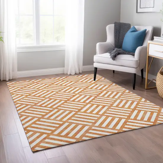 Orange And Ivory Geometric Washable Indoor Outdoor Area Rug Photo 8