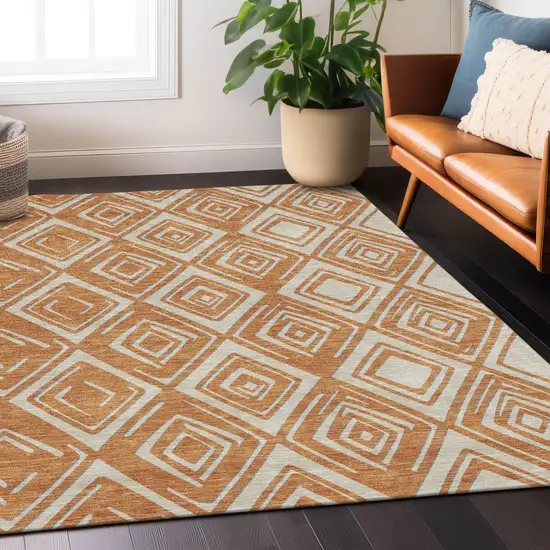 Orange And Ivory Geometric Washable Indoor Outdoor Area Rug Photo 9