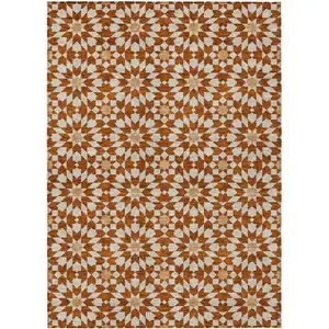 Photo of Orange Beige And Copper Floral Medallion Washable Indoor Outdoor Area Rug