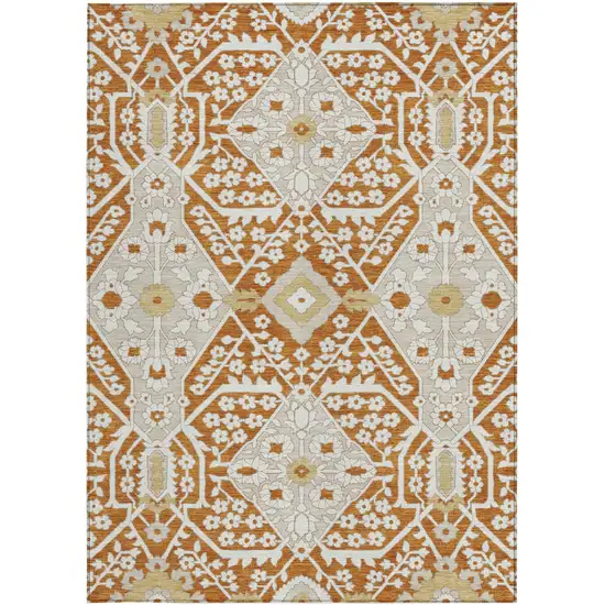 Orange Beige And Gold Floral Washable Indoor Outdoor Area Rug Photo 8