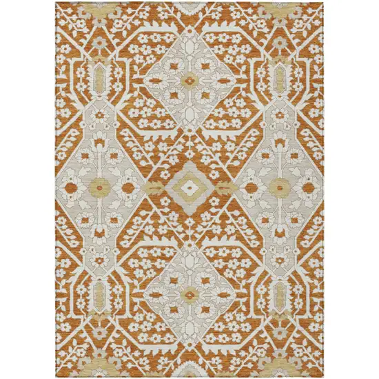 Orange Beige And Gold Floral Washable Indoor Outdoor Area Rug Photo 2