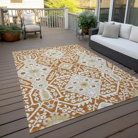 Orange Beige And Gold Floral Washable Indoor Outdoor Area Rug Photo 9