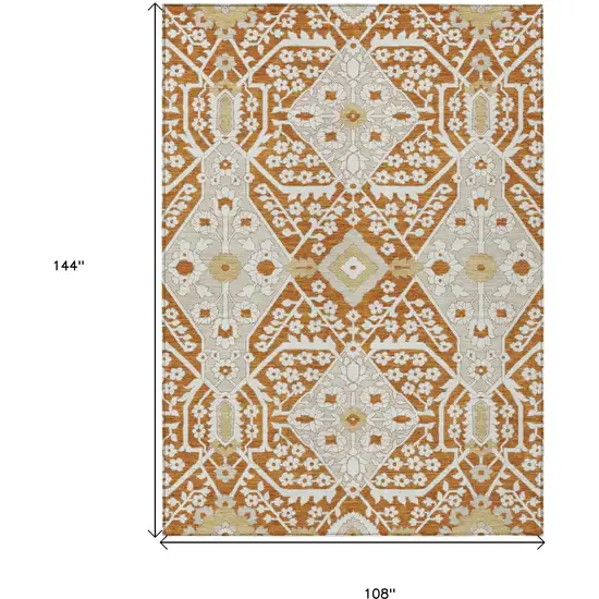 Orange Beige And Gold Floral Washable Indoor Outdoor Area Rug Photo 3