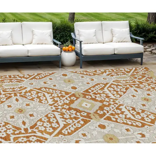 Orange Beige And Gold Floral Washable Indoor Outdoor Area Rug Photo 1