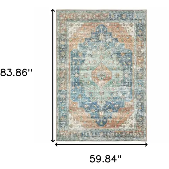 Orange Blue Teal Green And Beige Oriental Power Loom Stain Resistant Area Rug Photo 10