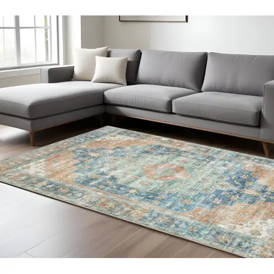 Blue and Orange Oriental Power Loom Area Rug Photo 1