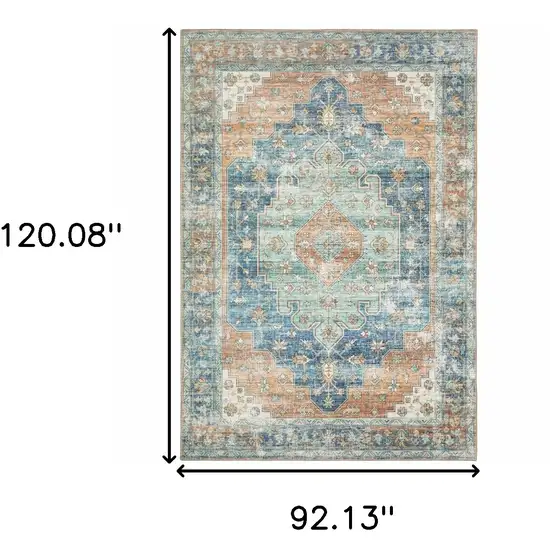 Orange Blue Teal Green And Beige Oriental Power Loom Stain Resistant Area Rug Photo 10