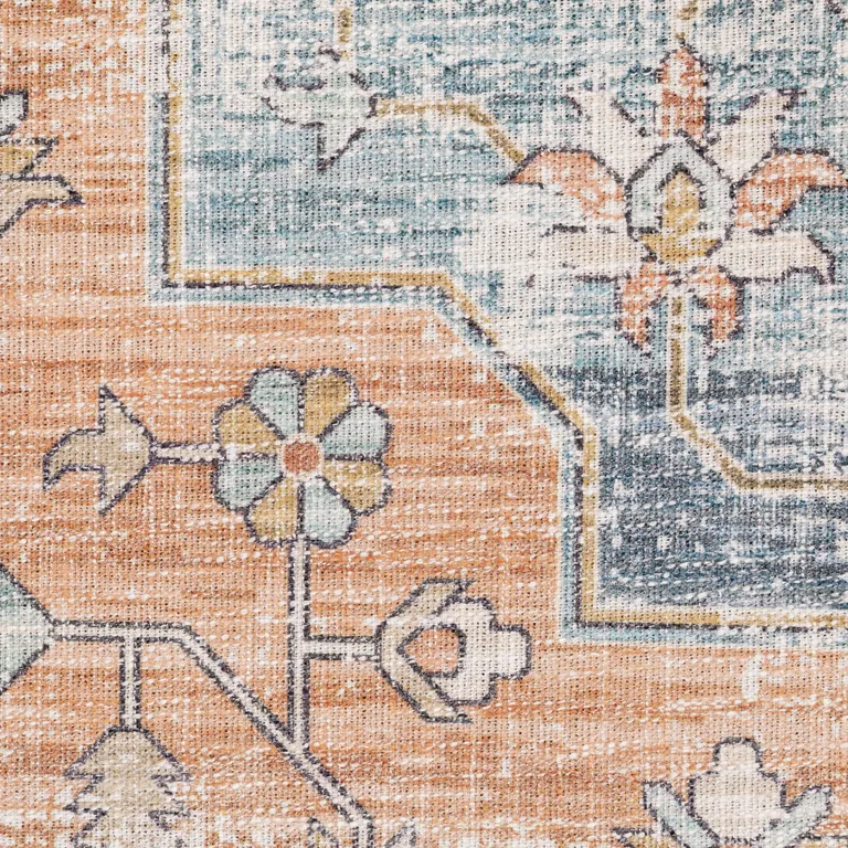 Orange Blue Teal Green And Beige Oriental Power Loom Stain Resistant Area Rug Photo 4