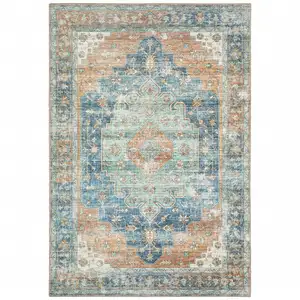 Photo of Orange Blue Teal Green And Beige Oriental Power Loom Stain Resistant Area Rug