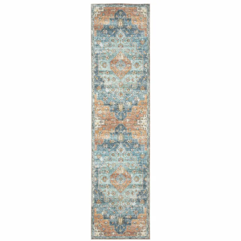 Orange Blue Teal Green And Beige Oriental Power Loom Stain Resistant Runner Rug Photo 1