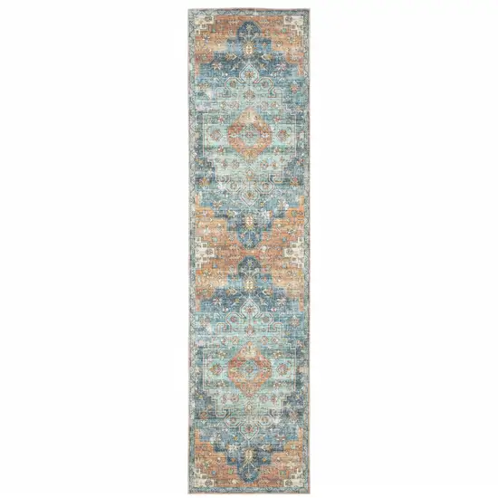 Orange Blue Teal Green And Beige Oriental Power Loom Stain Resistant Runner Rug Photo 1