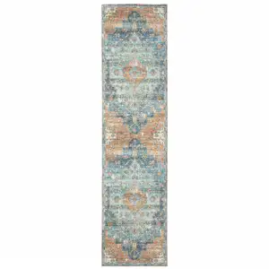 Photo of Orange Blue Teal Green And Beige Oriental Power Loom Stain Resistant Runner Rug