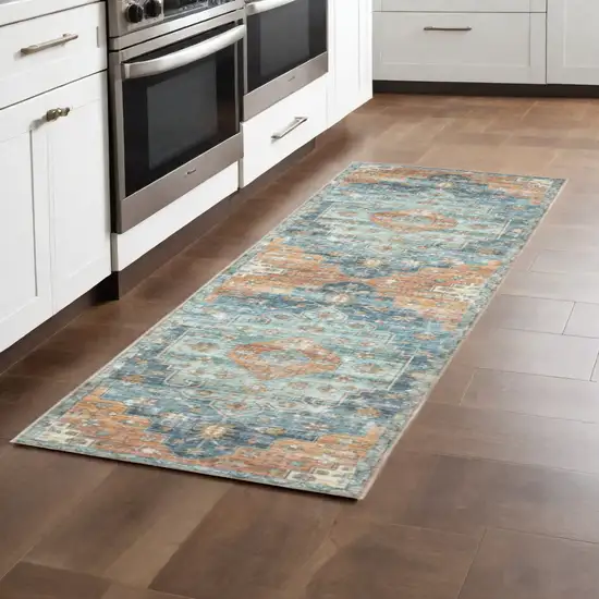 8' Blue and Orange Oriental Power Loom Runner Rug Photo 1