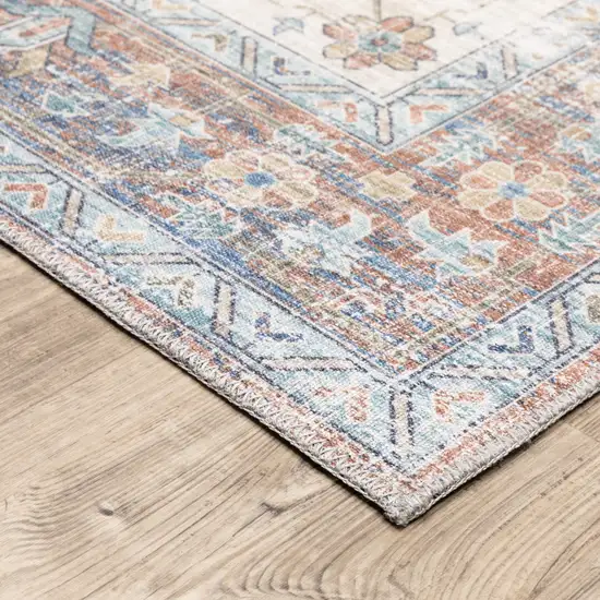 Orange Blue Teal Green And Beige Oriental Power Loom Stain Resistant Runner Rug Photo 5