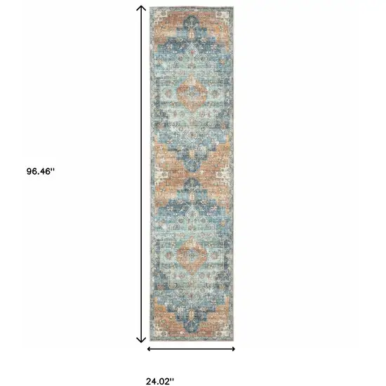 Orange Blue Teal Green And Beige Oriental Power Loom Stain Resistant Runner Rug Photo 9