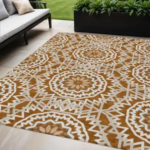 Photo of Orange Copper And Beige Floral Medallion Washable Indoor Outdoor Area Rug