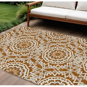 Photo of Orange Copper And Beige Floral Medallion Washable Indoor Outdoor Area Rug