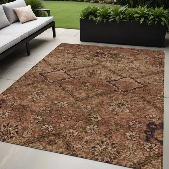 Orange Copper And Brown Floral Washable Indoor Outdoor Area Rug Photo 1