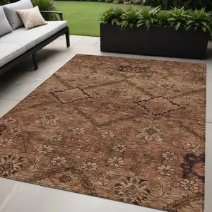 Photo of Orange Copper And Brown Floral Washable Indoor Outdoor Area Rug