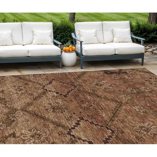 Orange Copper And Brown Floral Washable Indoor Outdoor Area Rug Photo 1