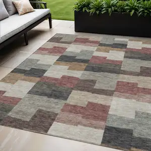 Photo of Orange Copper And Charcoal Geometric Washable Indoor Outdoor Area Rug