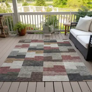 Photo of Orange Copper And Charcoal Geometric Washable Indoor Outdoor Area Rug