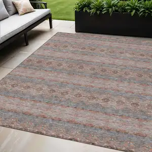 Photo of Orange Copper And Gray Floral Medallion Washable Indoor Outdoor Area Rug