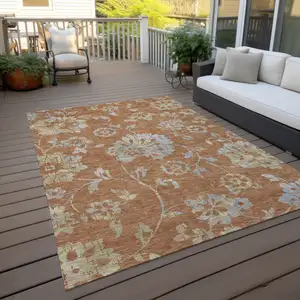 Photo of Orange Copper And Gray Floral Washable Indoor Outdoor Area Rug