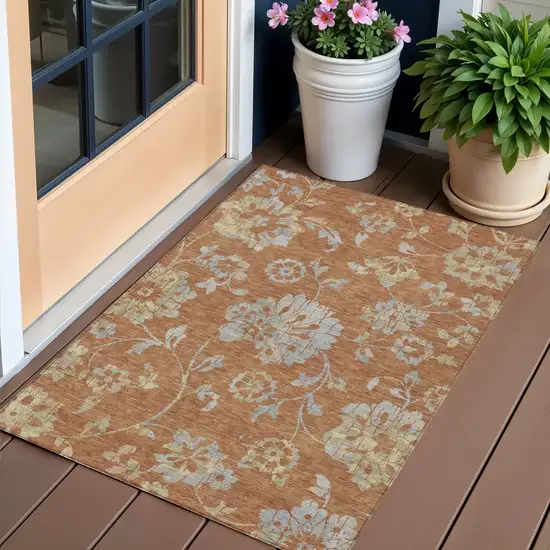 Orange Copper And Gray Floral Washable Indoor Outdoor Area Rug Photo 1