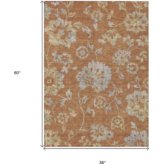 Orange Copper And Gray Floral Washable Indoor Outdoor Area Rug Photo 3