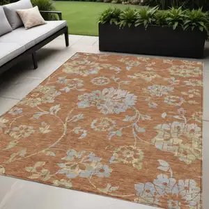 Photo of Orange Copper And Gray Floral Washable Indoor Outdoor Area Rug