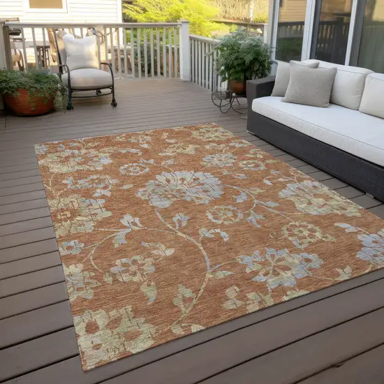 Orange Copper And Gray Floral Washable Indoor Outdoor Area Rug Photo 9