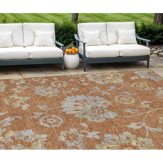 Orange Copper And Gray Floral Washable Indoor Outdoor Area Rug Photo 1