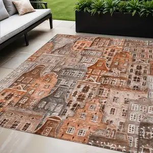 Photo of Orange Copper And Salmon Village Houses Washable Indoor Outdoor Area Rug