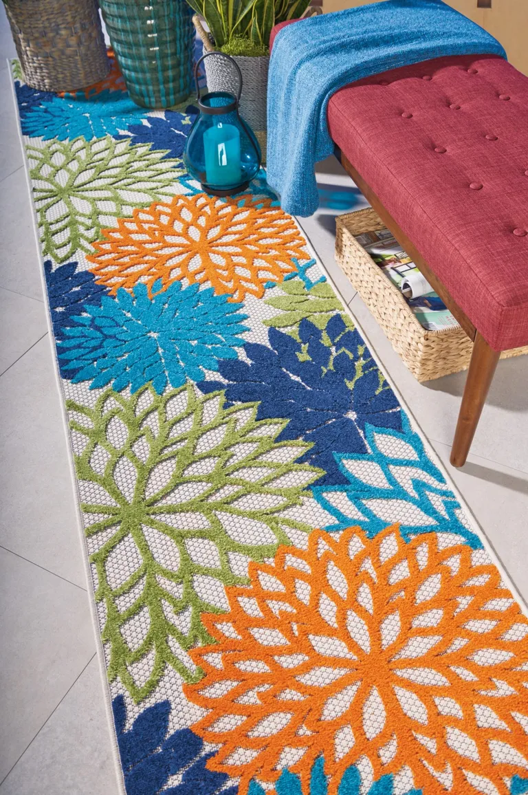 Orange Floral Outdoor Runner Rug Photo 3