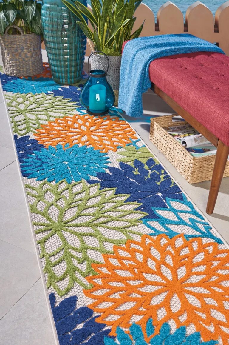 Orange Floral Outdoor Runner Rug Photo 1