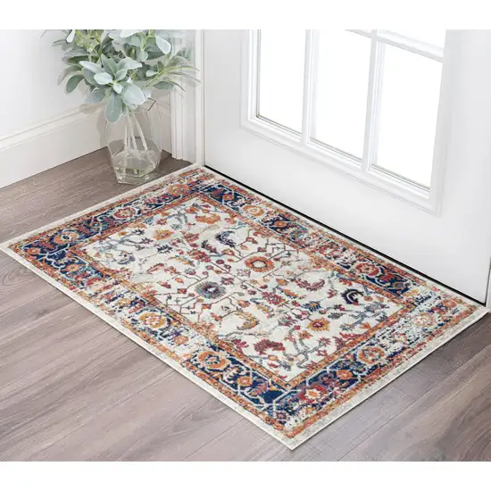 Ivory Navy and Orange Floral Power Loom Area Rug Photo 1