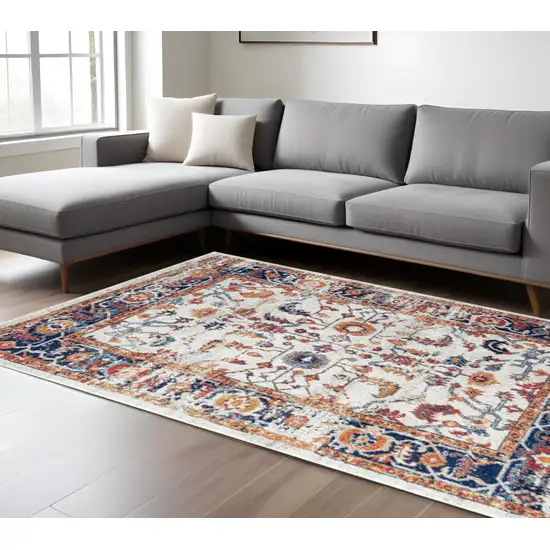 Ivory Navy and Orange Floral Power Loom Area Rug Photo 1