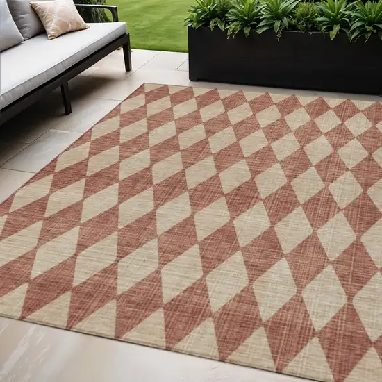 Orange And Copper Geometric Washable Indoor Outdoor Area Rug Photo 1