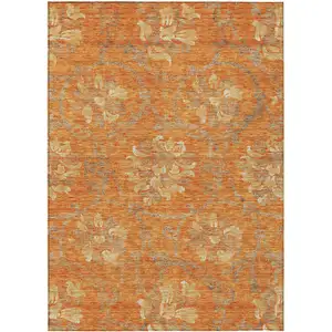 Photo of Orange Gray And Beige Floral Washable Indoor Outdoor Area Rug