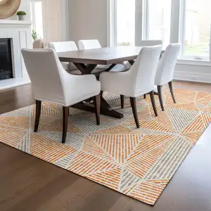 Photo of Orange Gray And Silver Geometric Washable Indoor Outdoor Area Rug