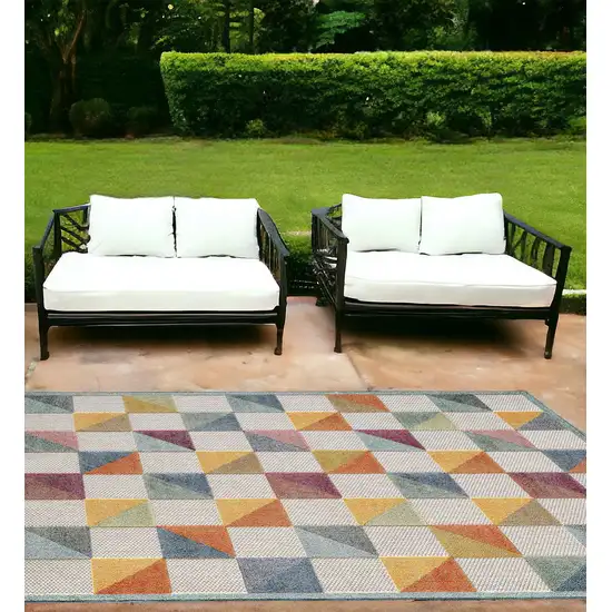 Ivory Geometric Stain Resistant Indoor Outdoor Area Rug Photo 1