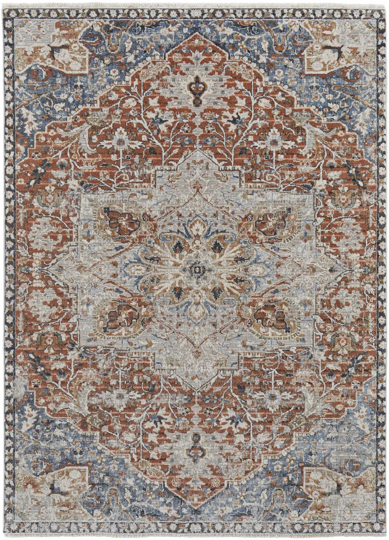 Orange Ivory And Blue Floral Power Loom Area Rug With Fringe Photo 1