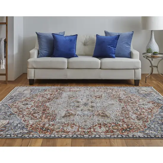 Orange Ivory And Blue Floral Power Loom Area Rug With Fringe Photo 7